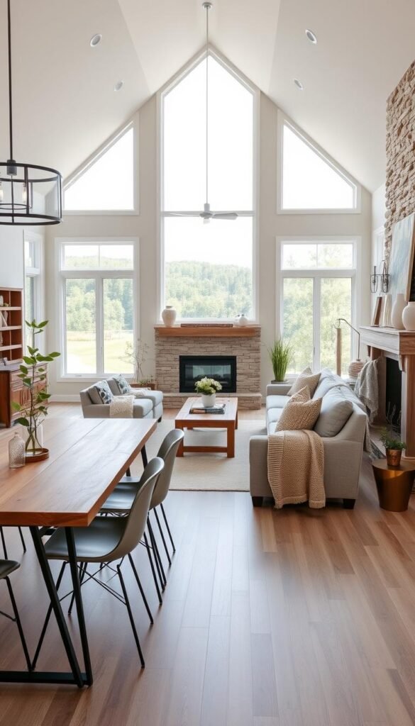 A bright, airy contemporary farmhouse interior with rustic accents. The foreground features a large farmhouse-style dining table with wooden tabletop and metal legs, surrounded by modern upholstered chairs. In the middle ground, a neutral-toned sofa and armchair arrangement faces a stone fireplace with a wooden mantel. The background showcases tall windows overlooking a verdant landscape, allowing natural light to flood the space. Soft textures, including knit throws and patterned pillows, create a cozy, inviting atmosphere. Subtle farmhouse-inspired decor, such as potted plants, vintage-inspired lighting, and distressed wood accents, blend seamlessly with the contemporary design elements.
