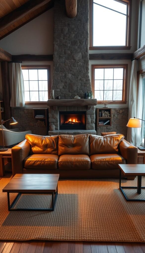 A cozy and inviting living room with a rustic yet modern aesthetic. In the foreground, a plush, overstuffed leather sofa sits atop a woven area rug, surrounded by natural wood end tables and a sleek, minimalist coffee table. Warm task lighting from a pair of metal floor lamps creates a soft, intimate glow. In the middle ground, a stone fireplace with a rough-hewn mantel serves as the focal point, its flames casting flickering shadows across the space. The background features large windows that allow natural light to flood the room, framed by sheer, billowing curtains. The overall atmosphere is one of comfortable relaxation, blending rustic charm and contemporary sophistication.