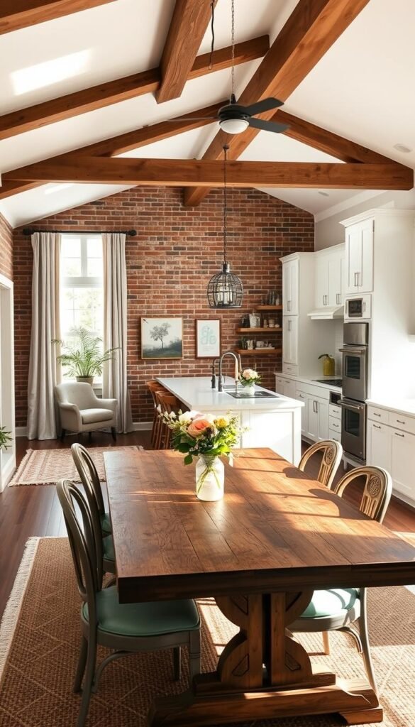 A cozy and inviting urban farmhouse interior, flooded with warm natural light from large windows. In the foreground, a rustic wooden dining table surrounded by vintage-inspired chairs. On the table, a vase of fresh flowers and a simple yet stylish table setting. In the middle ground, a brick accent wall contrasts with shiplap paneling and exposed beams on the ceiling. Soft, earthy tones and natural textures, like woven rugs and linen curtains, create a harmonious and calming atmosphere. In the background, a modern yet farmhouse-style kitchen with white cabinets, subway tile, and stainless steel appliances. The overall scene exudes a perfect blend of contemporary and traditional elements, reflecting the "Modern Rustic" aesthetic.