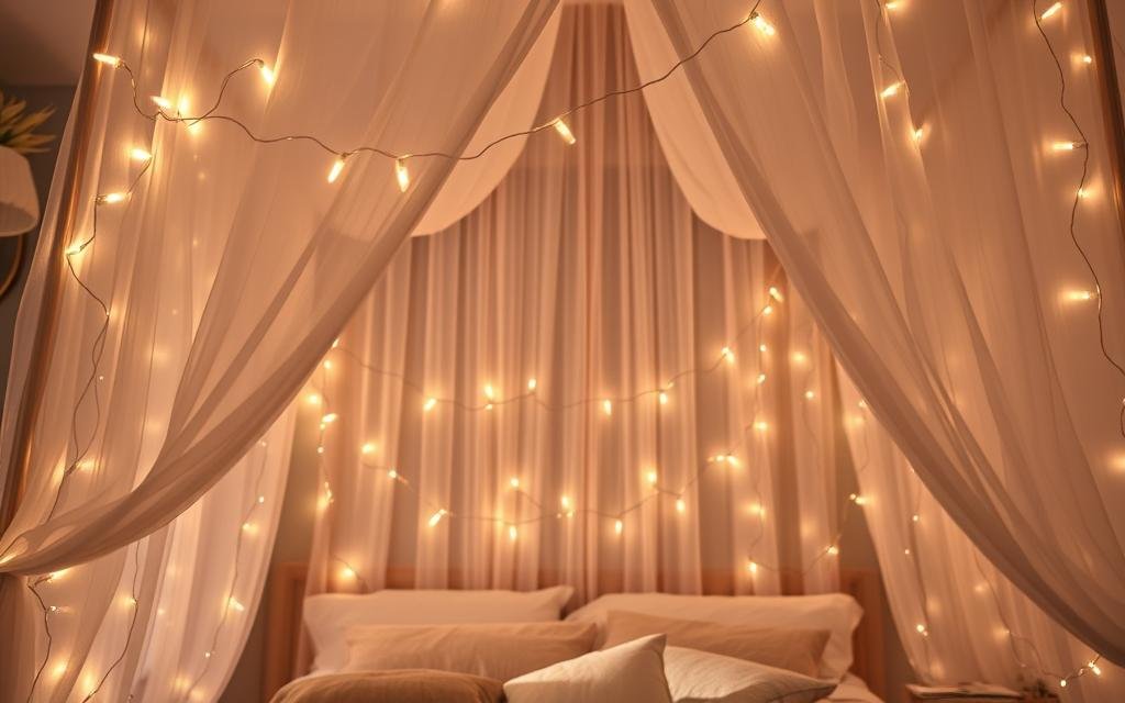 A cozy bedroom with a dreamy canopy bed, draped in delicate, warm-toned LED string lights. The lights softly illuminate the sheer curtains, casting a romantic glow throughout the space. The lights are arranged in elegant, organic patterns, creating a serene, intimate atmosphere. The lighting is balanced, with a mix of diffuse ambient light and gentle highlights, accentuating the textures of the bedding and decor. The scene is photographed from a low angle, emphasizing the lush, inviting nature of the canopy. The color palette is muted and soothing, with hints of soft pinks, creams, and neutrals. The overall effect is a dreamy, cocooning space that inspires relaxation and romance.