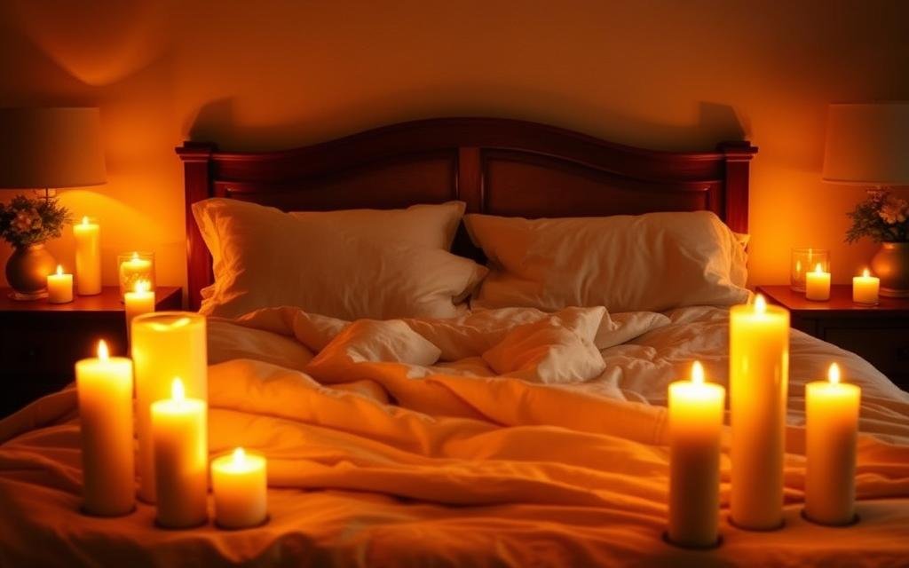 A cozy bedroom with a plush, inviting bed illuminated by the warm, flickering glow of numerous candles. The candles are placed strategically around the room, casting a soft, romantic light that creates an intimate and calming ambiance. The scene is bathed in a rich, golden tone, with the candlelight reflecting off the smooth, polished surfaces of the wooden furniture. The walls are painted in a soothing, neutral color, and the soft, textured bedding adds to the overall sense of comfort and tranquility. The entire scene conveys a feeling of relaxation and intimacy, perfect for a romantic evening.