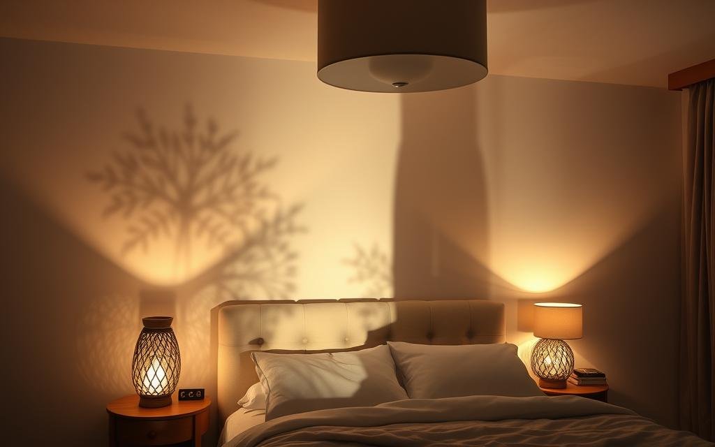 A cozy bedroom with a warm, intimate atmosphere. Gentle, diffused lighting from a pair of decorative lanterns casting intricate shadows across the walls. The lanterns, made of woven rattan, sit atop wooden side tables flanking a plush, tufted headboard. Soft, ambient illumination from a large, dimmable ceiling fixture creates a soothing, shadow-filled ambiance. The overall lighting design is balanced, with layers of light and shadow that accentuate the bedroom's cozy, romantic feel.