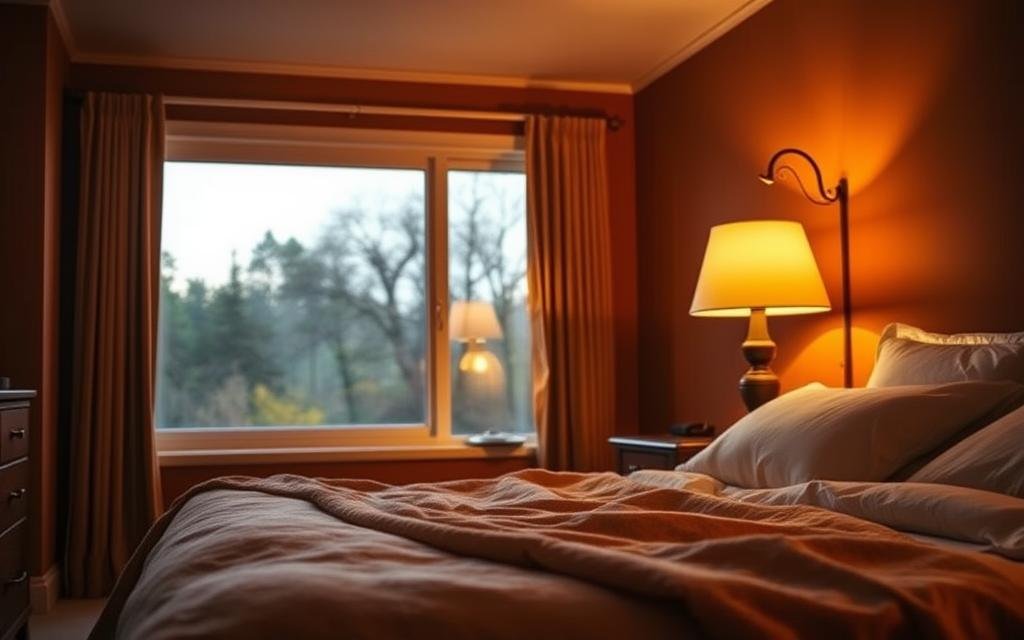 A cozy bedroom with warm, intimate lighting. A pair of table lamps with soft, glowing bulbs cast a gentle, inviting glow. The lamps are placed on wooden nightstands, their light reflected in the glossy surfaces. In the background, a large window allows in the fading daylight, creating a soothing, natural ambiance. The walls are painted in a rich, earthy tone, adding to the serene, calming atmosphere. Plush bedding, including a cozy throw blanket, invites the viewer to sink into the comfort of this cozy retreat.
