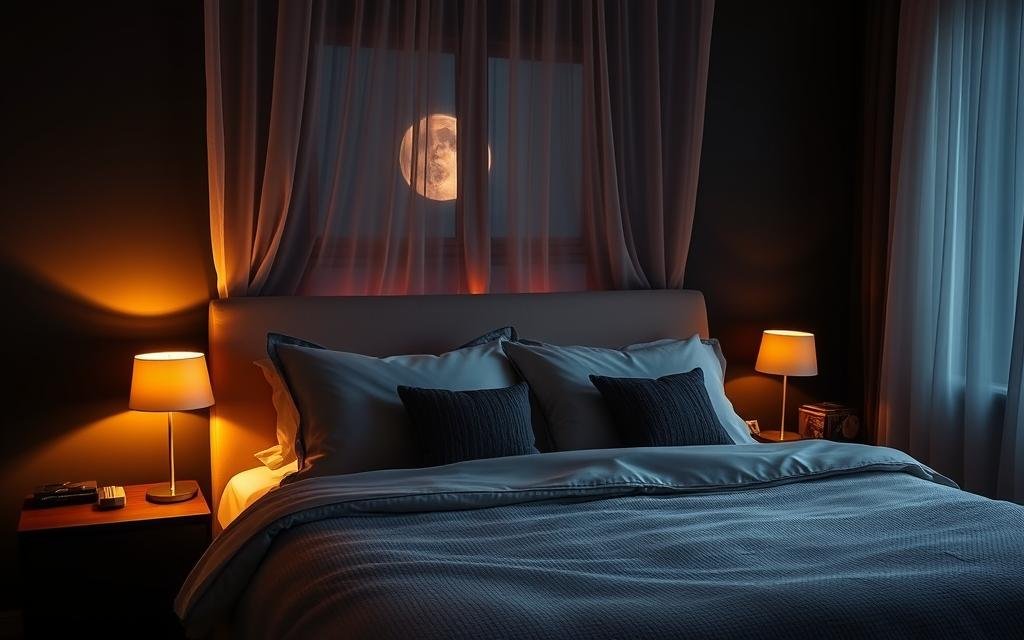 A cozy, dimly lit bedroom with a plush, inviting king-size bed. Soft, warm lighting emanates from a pair of sleek, modern table lamps on the nightstands, casting a romantic glow across the room. The walls are painted in a deep, rich color, accentuating the luxurious, textured bedding and accent pillows. Sheer, gossamer curtains drift gently, hinting at the moonlight outside. The overall atmosphere is one of intimate, relaxing ambiance, perfect for a romantic evening.