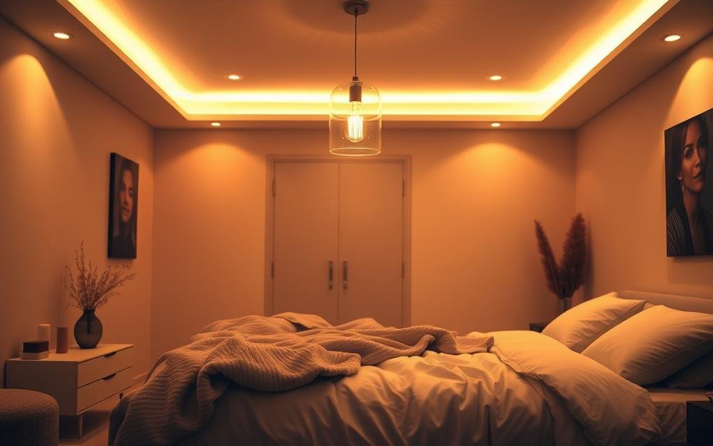 A cozy, intimate bedroom with warm, atmospheric lighting. The focal point is a delicate, hanging pendant light, casting a soft, golden glow over the space. The pendant's elegant, minimalist design complements the serene, neutral color palette of the room. Subtle ambient lighting from recessed ceiling fixtures creates a gentle, enveloping ambiance. The bedroom is furnished with a plush, inviting bed, draped in high-quality linens. Subtle textures, like a plush area rug and soft throw blankets, add visual interest and tactile warmth. The overall mood is one of tranquility and relaxation, perfect for a romantic, intimate setting.
