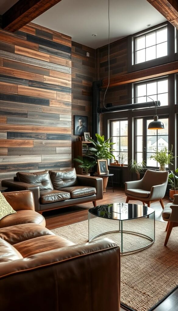 A cozy living room with a modern rustic flair. In the foreground, a plush, distressed leather sofa nestled against a feature wall adorned with reclaimed wood paneling. Mid-ground, a sleek, glass-topped coffee table sits atop a hand-woven area rug, complemented by mid-century modern armchairs. The background showcases large windows, allowing natural light to flood the space and illuminate the mix of industrial and natural elements, such as exposed beams and potted greenery. Subtle lighting from pendant lamps casts a warm, inviting glow, creating a harmonious blend of contemporary and time-worn charm.