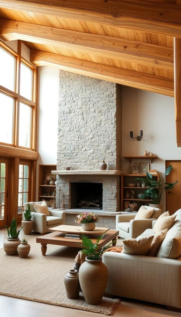 A cozy, modern rustic interior with natural wood beams, stone fireplace, and large windows that let in warm, diffused lighting. The space has a minimalist yet inviting aesthetic, with earth-toned furnishings, plush textiles, and carefully curated decor elements like potted plants and artisan-crafted pottery. The overall atmosphere is one of refined simplicity, blending the rustic charm of aged materials with contemporary clean lines and a serene, harmonious ambiance.