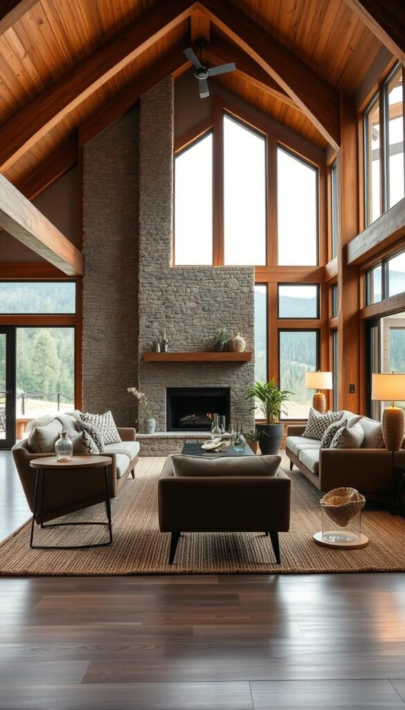 A cozy, rustic modern living room with natural wood beams, stone fireplace, and large picture windows overlooking a lush landscape. Warm, ambient lighting casts a soft glow, highlighting the textured throw pillows, woven area rug, and minimalist, mid-century modern furniture. Potted plants and natural decor elements like driftwood and glass vases add organic accents. The space blends the rugged charm of a country cabin with the clean lines and contemporary aesthetic of a sophisticated urban retreat.