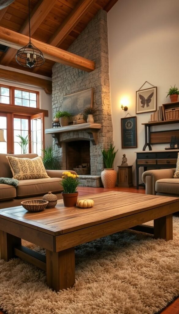 A cozy, well-appointed rustic living room with natural wood beams, stone fireplace, and plush, earthy-toned furnishings. Soft, warm lighting illuminates the space, casting a welcoming glow. In the foreground, a handcrafted coffee table with a worn, distressed finish sits atop a plush, patterned area rug. Decorative elements like potted plants, woven baskets, and vintage-inspired accents add to the room's charming, lived-in ambiance. The overall scene exudes a sense of modern comfort and timeless elegance, blending rustic charm with contemporary sensibilities.
