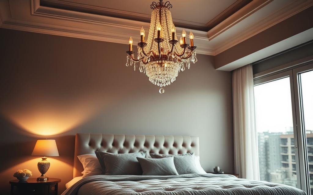 A cozy, well-lit bedroom with an elegant, cascading crystal chandelier hanging above a plush, tufted king-sized bed. Soft, warm lighting from the fixture creates a romantic, intimate ambiance, casting a gentle glow across the room. The walls are painted in a muted, neutral color palette, complemented by luxurious, textured bedding and decorative throw pillows. A large, floor-to-ceiling window allows natural light to filter in, creating a harmonious balance between artificial and natural illumination. The overall scene evokes a sense of refined sophistication and relaxation, perfectly suited for a romantic bedroom setting.