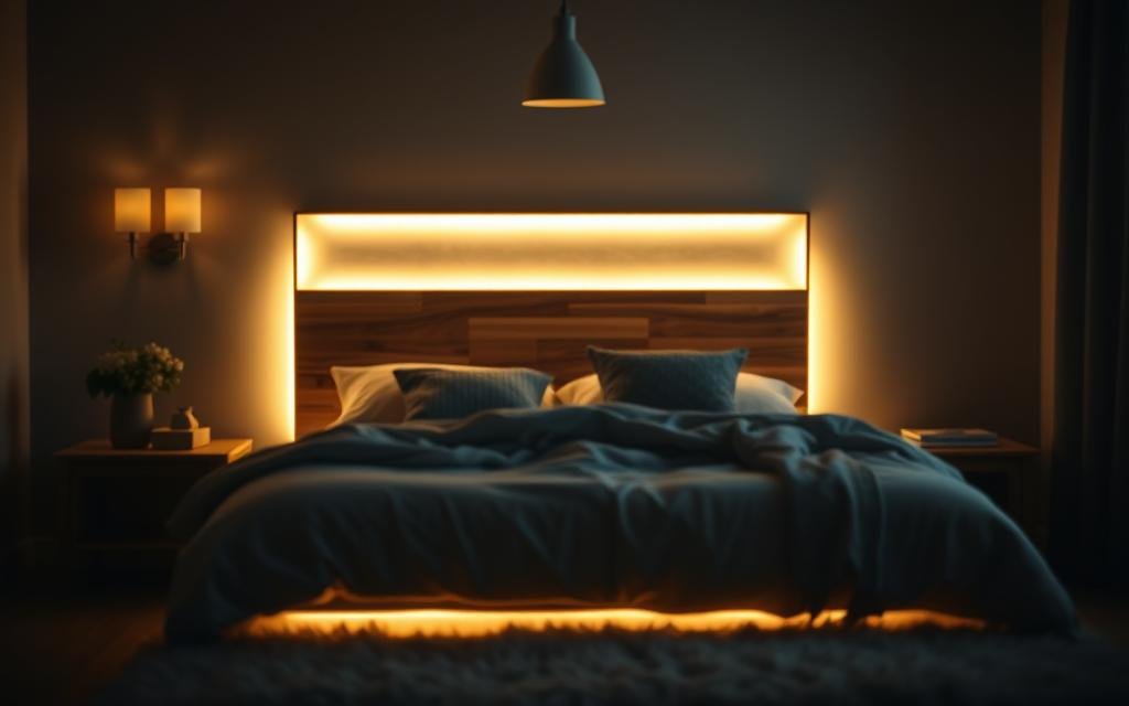 A dimly lit, cozy bedroom with a warm, inviting atmosphere. A backlit, wooden headboard casts a soft, ambient glow, illuminating the plush bedding. The bed frame is subtly illuminated, creating a serene and intimate ambiance. Soft, indirect lighting from wall sconces and a single pendant light above the bed add depth and dimension to the space. The walls are painted in a neutral, earthy tone, enhancing the calming, relaxing mood. The room is slightly out of focus, giving it a dreamlike, atmospheric quality. Inviting textures, such as a fluffy rug and textured throw pillows, complete the soothing, romantic scene.