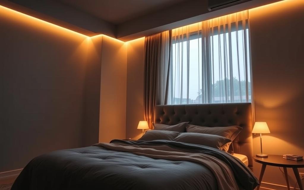A dimly lit, cozy bedroom with warm, ambient lighting. Soft, recessed LED strips along the walls and ceiling create a gentle glow, illuminating the plush, tufted headboard and luxurious bedding in muted tones of gray and beige. The lighting is strategically placed to cast a romantic, intimate atmosphere, with subtle shadows playing across the walls. The large windows are partially obscured by sheer, flowing curtains, filtering in just enough natural light to create a serene, dreamlike ambiance. The camera angle is positioned to capture the tranquil, relaxing mood of the space, showcasing the elegant and inviting bedroom lighting design.