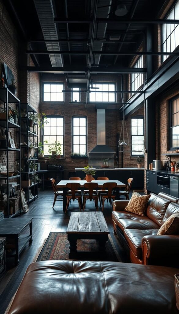 A dimly lit industrial loft space with exposed brick walls, steel beams, and large windows letting in soft natural light. In the foreground, a worn leather sofa and a distressed wood coffee table create a cozy seating area. On the walls, metal and glass shelving units display an eclectic mix of vintage decor and houseplants. The middle ground features a rustic dining table surrounded by mismatched vintage chairs, hinting at a blend of old and new. In the background, a glimpse of a modern kitchen with sleek cabinetry and stainless steel appliances, adding a touch of contemporary flair to the overall industrial chic aesthetic.