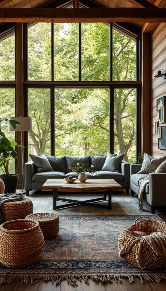 A modern rustic living room with a stylish mix of natural materials and contemporary furnishings. Warm, soft lighting illuminates a wooden coffee table surrounded by a plush gray sofa and armchair. A large window frames a backdrop of lush greenery, creating a seamless blend of indoor and outdoor elements. Sleek metal accents, such as a minimalist floor lamp and wall decor, add a touch of industrial flair. Textures like woven baskets, knitted throws, and a vintage area rug create a cozy, inviting atmosphere. The overall design showcases a harmonious balance between the rustic charm of natural materials and the sophisticated elegance of modern design.