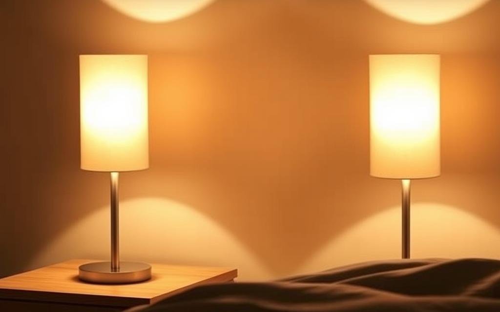 A pair of elegant, dimmable bedside lamps with a warm, romantic glow. The lamps have a minimalist, modern design with cylindrical shades in a soft, neutral color. They sit atop simple, wooden nightstands, casting a cozy, ambient light across the bedroom. The lamps' dimmers allow for precise control over the lighting, creating a serene, intimate atmosphere perfect for reading, relaxing, or spending quality time with a partner. Soft shadows dance across the walls, complementing the overall tranquil, inviting mood of the space.