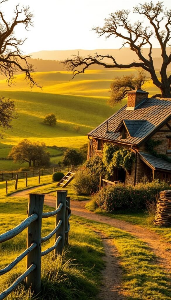 A rustic farmhouse nestled amidst lush rolling hills, bathed in warm golden hour lighting. In the foreground, a weathered wooden fence and a winding dirt path lead the eye inwards. Mid-ground features a charming stone-and-timber structure with a pitched roof, its facade adorned with overgrown vines and blooming wildflowers. The background showcases a picturesque landscape of verdant meadows, dotted with ancient oak trees casting long shadows. An atmosphere of timeless elegance and rural tranquility pervades the scene, capturing the essence of rustic charm.