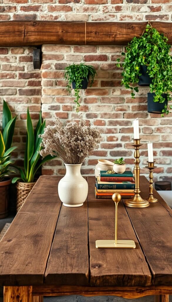 A rustic wooden table against a backdrop of natural textures - weathered brick walls, wooden beams, and potted plants. Artfully arranged on the table are various home decor items, from a ceramic vase filled with wildflowers to a stack of vintage books and a brass candlestick. The lighting is soft and warm, creating a cozy, inviting atmosphere. The camera angle is slightly elevated, capturing the scene in a visually appealing, magazine-worthy composition. The overall mood is one of effortless, modern rustic charm.