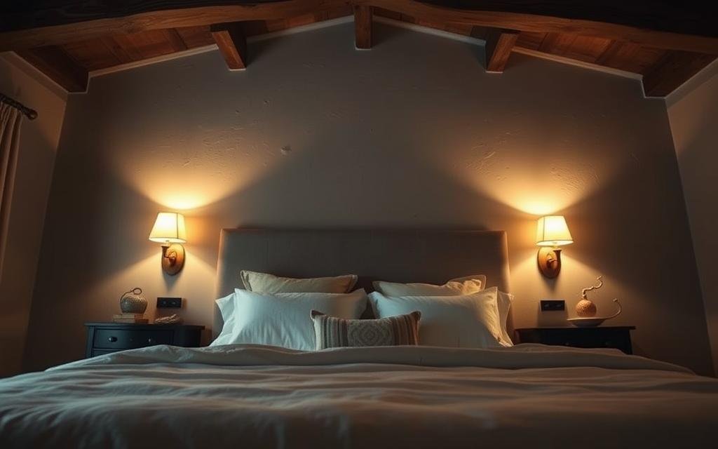 Atmospheric bedroom with intimate ambient lighting. Soft, warm glow from elegant wall sconces positioned on either side of a large headboard. Indirect lighting casts a cozy, inviting radiance throughout the space. Wooden ceiling beams and textured plaster walls add rustic charm. Lush bedding and plush furnishings create a luxurious, relaxing atmosphere. Minimal decor allows the lighting to take center stage, highlighting the room's architectural details. Low-angle perspective captures the inviting allure of this romantic, atmospheric setting.