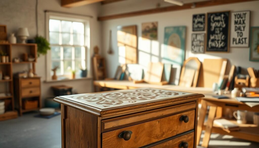 A beautifully crafted furniture refinishing workshop, bathed in warm, natural light filtering through large windows. In the foreground, a delicate stencil pattern is carefully applied to the surface of a vintage wooden dresser, its intricate design creating a captivating visual texture. In the middle ground, an array of refinishing tools - sandpaper, paint brushes, and a variety of stains - are neatly organized on a sturdy workbench. The background features a wall adorned with inspirational DIY artwork, adding to the cozy, creative atmosphere. The overall scene exudes a sense of artisanal craftsmanship and a passion for reviving and transforming cherished furniture pieces.