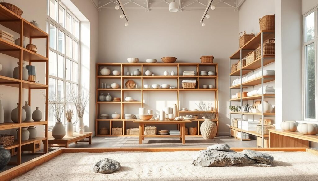 A bright, airy Japandi-style home goods store, filled with natural light from large windows. Wooden shelves and minimalist displays showcase an array of handcrafted ceramic vases, woven baskets, and smooth stone incense holders. Soft neutral tones, clean lines, and organic textures create a serene, harmonious ambiance. In the foreground, a zen garden with raked sand and carefully placed rocks invites shoppers to pause and find inspiration. The overall scene conveys a sense of understated elegance and thoughtful curation, reflecting the harmonious blend of Japanese and Scandinavian design principles.