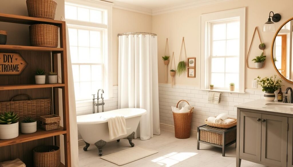 A bright, airy bathroom with a modern farmhouse aesthetic. In the foreground, a rustic wood shelving unit displays an assortment of DIY decor items - natural-fiber baskets, potted succulents, and a handmade wooden sign. The middle ground features a clawfoot tub adorned with a fluffy white towel and a vintage-inspired shower curtain. Warm, diffused lighting filters in through large windows, casting a cozy glow. The background showcases a subway tile backsplash, a sleek vanity with a decorative mirror, and a few DIY wall hangings, such as macrame plant holders and framed botanical prints. The overall atmosphere is relaxed, inviting, and reflective of a serene, spa-like retreat.