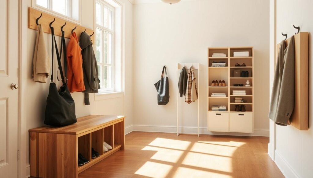 A bright, airy entryway with a minimalist, streamlined design. In the foreground, a wooden bench with built-in cubbies and hooks provides ample storage for coats, bags, and shoes. Sunlight streams in through large windows, illuminating the space with a warm, natural glow. The middle ground features a sleek, modular organizer system with compartments for keys, mail, and other small items. In the background, a neutral-toned accent wall complements the clean, contemporary aesthetic. The overall composition conveys a sense of order, efficiency, and visual harmony, reflecting the essence of a well-organized entryway.