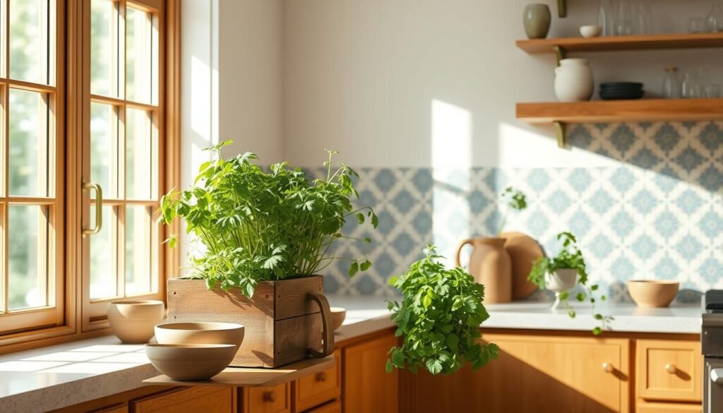 A bright, airy kitchen filled with natural light streams through large windows. On the countertop, a rustic wooden planter overflows with lush, vibrant herbs. Nearby, a set of simple, handcrafted ceramic bowls in earthy tones add a touch of homey charm. The backsplash is adorned with intricate tile patterns in soft blues and greens, complementing the warm, wooden cabinets. Soft, diffused lighting casts a gentle glow, creating a welcoming, relaxed atmosphere. Realistic textures and precise details capture the essence of a cozy, DIY-inspired kitchen update.