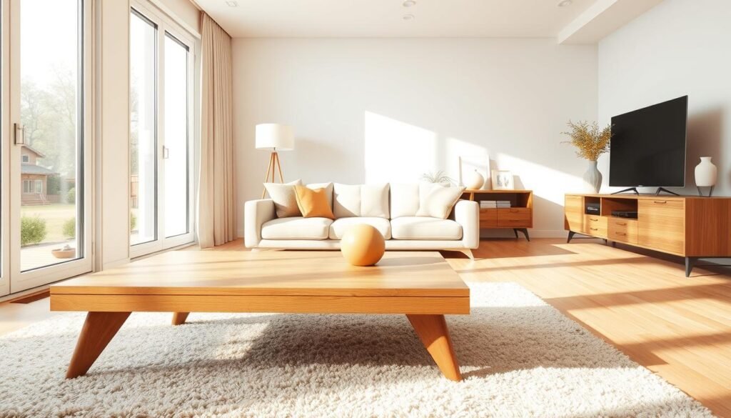 A bright, airy living room with clean-lined, minimalist furniture in a Japandi style. In the foreground, a low, rectangular wooden coffee table with soft, tapered legs stands atop a plush, neutral-toned area rug. Behind it, a sleek, L-shaped sofa with crisp, angular lines and soft, neutral upholstery faces a large picture window, letting in warm, natural light. In the middle ground, a simple, cylindrical floor lamp with a natural wood base and a white, linen-like shade casts a soft, diffused glow. In the background, a wooden media console with clean, straight edges and minimal hardware displays decor items in muted tones, complementing the overall serene and harmonious Japandi aesthetic.