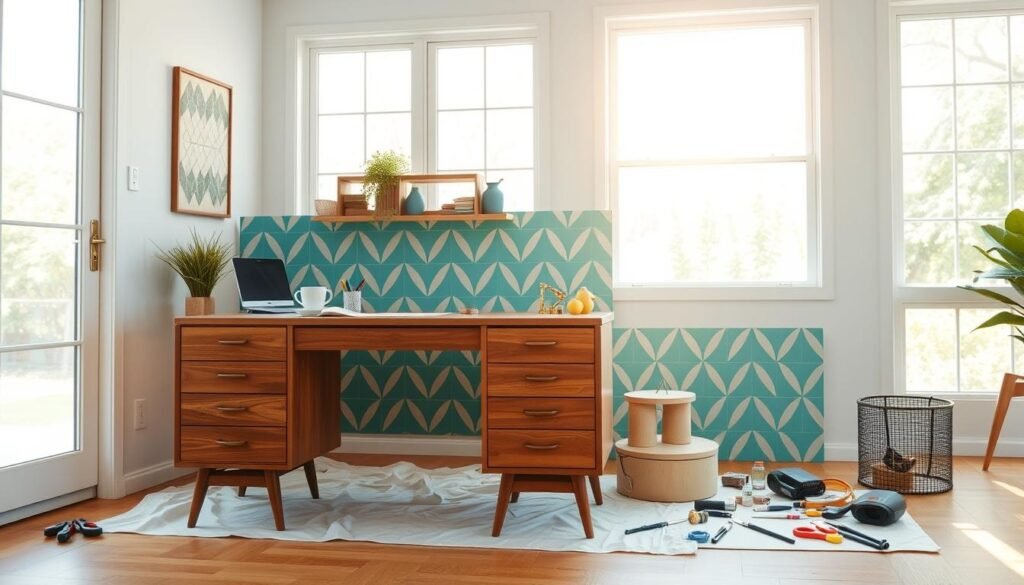 A bright and airy room with a mid-century modern desk undergoing a DIY furniture makeover. In the foreground, a vintage wooden desk is being transformed with a vibrant, geometric wallpaper in shades of teal and mustard. The wallpaper is carefully applied, creating a seamless, custom-built look. In the middle ground, an assortment of crafting tools and supplies are neatly arranged, hinting at the meticulous process. The background features large windows allowing natural light to flood the space, casting a warm, golden glow. The overall scene conveys a sense of creativity, rejuvenation, and a modern, yet timeless aesthetic.