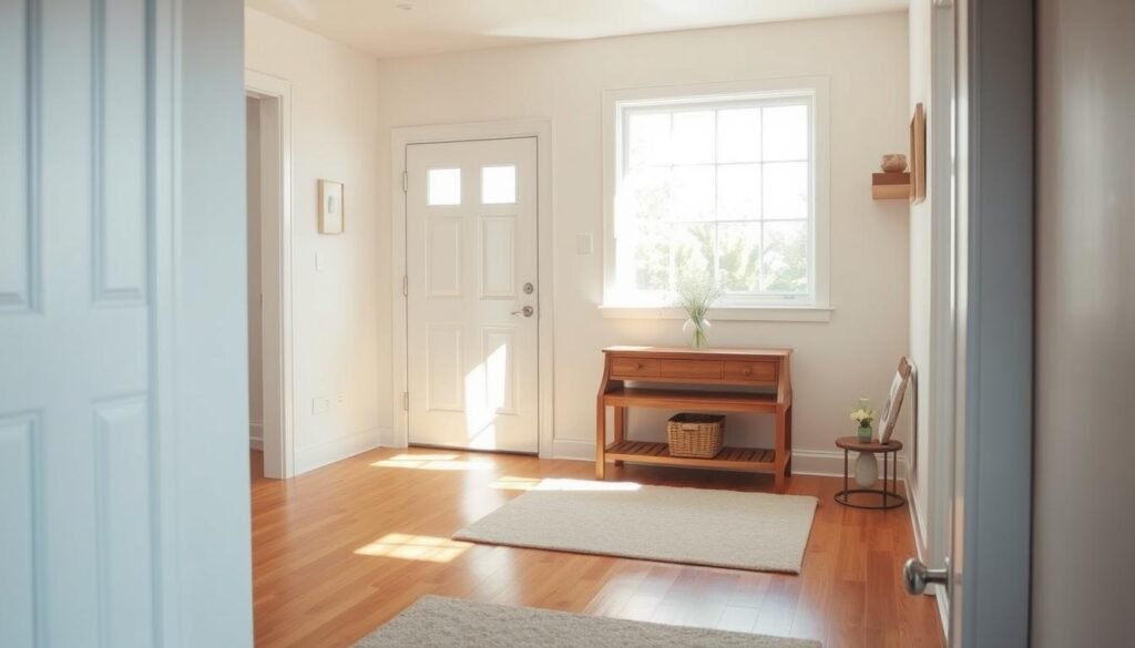 A bright, well-organized entryway with a minimalist design. A wooden bench or console table stands against the wall, topped with a simple vase of flowers. The floor is made of polished hardwood, complemented by a plush area rug. Soft, natural light streams in through a large window, creating a warm and inviting atmosphere. The walls are painted in a neutral, calming color, with a few pieces of artwork or decorative shelves adding subtle visual interest. The overall space feels uncluttered, serene, and conducive to a positive first impression.