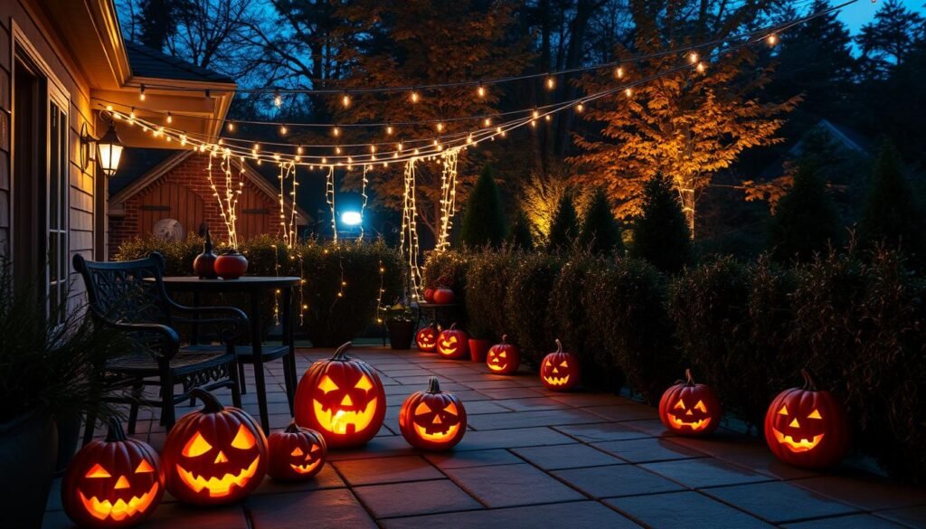 A cozy Halloween patio with an array of enchanting outdoor lighting. In the foreground, a series of carved jack-o'-lanterns glow with warm, flickering candlelight, casting a soft, eerie ambiance. In the middle ground, strings of twinkling fairy lights drape gracefully across the patio railings and hedges, creating a magical, whimsical atmosphere. In the background, a few strategically placed floodlights illuminate the trees and shrubs, casting dramatic shadows and highlighting the autumnal foliage. The overall scene is one of inviting, spooky charm, perfect for setting the mood for a Halloween celebration.