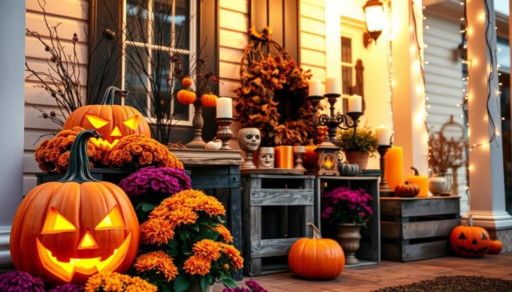 A cozy Halloween porch, adorned with a lush display of seasonal decor. In the foreground, a carved jack-o'-lantern casts a warm, flickering glow, its intricate face etched with a mischievous expression. Surrounding it, a cluster of potted mums in vibrant shades of orange and purple add pops of color. In the middle ground, a series of weathered wooden crates support an arrangement of spooky-chic accents, including a wreath of dried leaves and berries, and a collection of candles in ornate, aged holders. In the background, the porch's columns are draped with strands of twinkling fairy lights, casting a soft, inviting ambiance over the entire scene. The overall atmosphere is cozy, autumnal, and brimming with the spirit of Halloween.