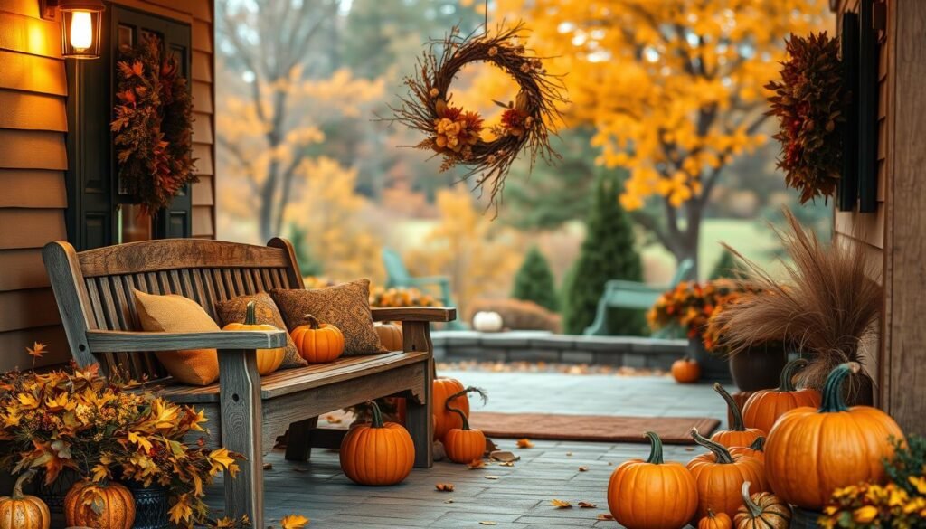 A cozy Halloween porch, adorned with a natural elegance. In the foreground, a weathered wooden bench is flanked by clusters of pumpkins, gourds, and autumn leaves. The middle ground features a wreath of dried flowers, twigs, and pine cones, hanging from the porch's warm, inviting entryway. The background showcases a lush, autumnal landscape, with trees draped in golden hues, creating a picturesque scene. Soft, ambient lighting casts a gentle glow, evoking a serene, welcoming atmosphere. The overall composition exudes a harmonious blend of rustic charm and seasonal splendor, perfectly capturing the essence of incorporating nature into Halloween decor.