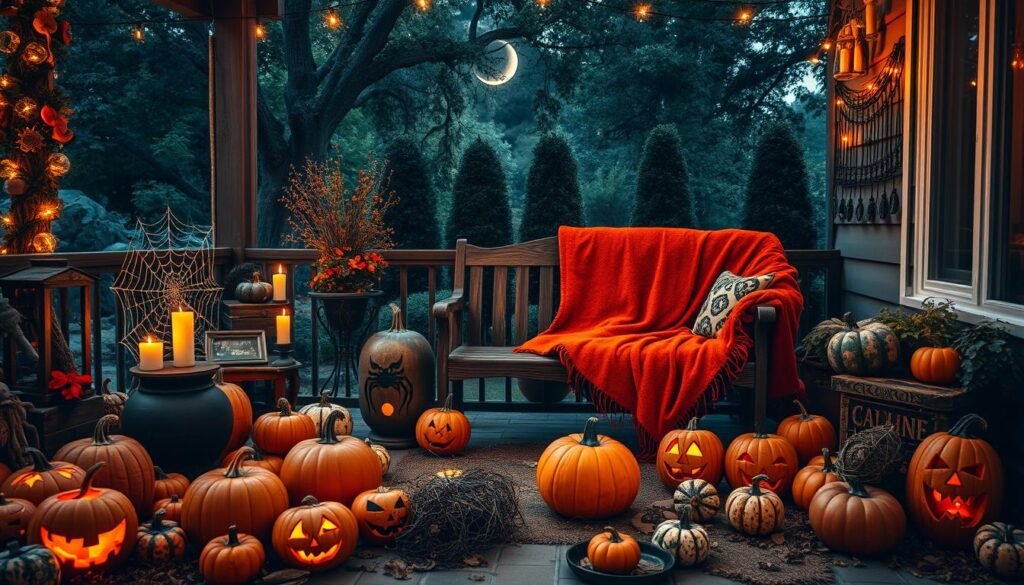 A cozy Halloween-themed patio, adorned with an array of whimsical decorations. In the foreground, a collection of carved pumpkins, some with intricate designs, others with flickering candles casting a warm glow. Surrounding them, an eclectic mix of spooky props - a witch's cauldron, a large spider web, and a row of twinkling string lights. In the middle ground, a weathered wooden bench, draped with a plush orange throw, invites guests to sit and admire the autumnal scene. The background features a lush, shadowy garden, with towering trees and a crescent moon peeking through the branches, casting a soft, ethereal light across the entire space. The overall atmosphere is cozy, inviting, and undeniably Halloween-themed.