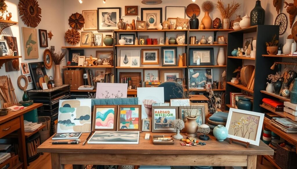 A cozy and inviting DIY art studio filled with various craft supplies, vibrant textures, and personalized wall decor. A central wooden table showcases an array of handmade art pieces, including abstract paintings, collages, and sculpture made from repurposed materials. The warm lighting casts a soft glow, creating an atmosphere of creativity and self-expression. In the background, shelves display an eclectic collection of vases, frames, and decorative accents, all waiting to be transformed into unique home accents. The camera captures the scene from a slightly elevated angle, emphasizing the sense of inspiration and individualism.