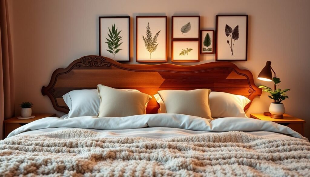 A cozy and inviting DIY bedroom decor scene. In the foreground, a handcrafted wooden headboard with intricate carved details. Atop it, plush pillows in soothing neutral tones. In the middle ground, a floating nightstand with a minimalist lamp and a potted plant adding a touch of greenery. The walls feature a gallery wall of framed botanical prints, illuminated by warm, soft lighting. The floor is covered in a plush, textured area rug, tying the space together. The overall atmosphere is one of calm, relaxation, and personal style.