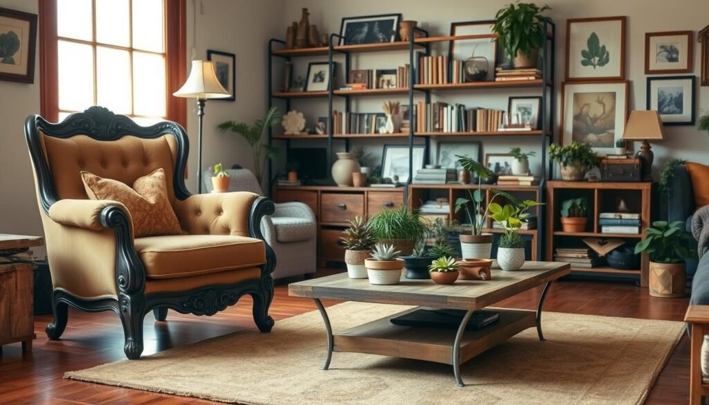 A cozy and inviting living room filled with beautifully upcycled furniture pieces, illuminated by warm, natural lighting. In the foreground, a refurbished vintage armchair with intricate carved details and a plush, earthy-toned upholstery. A midcentury-inspired coffee table made from repurposed wood and metal, its surface adorned with an array of potted plants and decorative items. In the background, a rustic bookshelf crafted from salvaged materials, its shelves displaying an eclectic collection of books and framed artwork. The overall atmosphere conveys a sense of charm, individuality, and a deep appreciation for the timeless beauty of well-loved furniture.