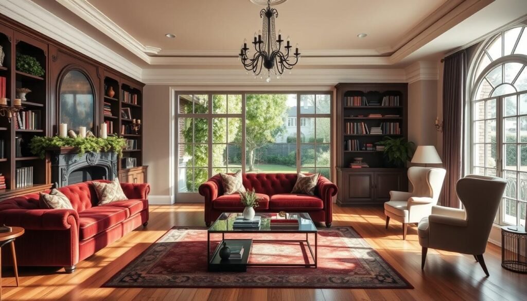 A cozy and inviting living room filled with natural light, hardwood floors, and a plush velvet sofa in a rich burgundy hue. A large, ornate fireplace with a mantelpiece adorned with lush greenery and candles creates a warm ambiance. Ornate floor-to-ceiling bookshelves line the walls, complemented by a mid-century modern coffee table and a pair of wingback chairs in a complementary neutral tone. Soft, indirect lighting from a decorative chandelier and sconces casts a gentle glow, while a large, arched window overlooking a lush garden provides a serene view. The overall atmosphere is one of sophistication, comfort, and inspiration for DIY home decor.