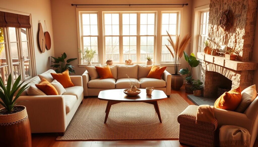 A cozy and inviting living room in earthy tones, bathed in warm natural light filtering through large windows. The room features a plush beige sofa, accented with throw pillows in deep ochre and terracotta hues. A mid-century style wooden coffee table sits on a woven area rug in shades of brown and tan. Potted plants and natural wood decor elements add an organic touch, while a stone fireplace mantel in a neutral tone anchors the space. Soft ambient lighting creates a serene and welcoming atmosphere, perfect for relaxation.
