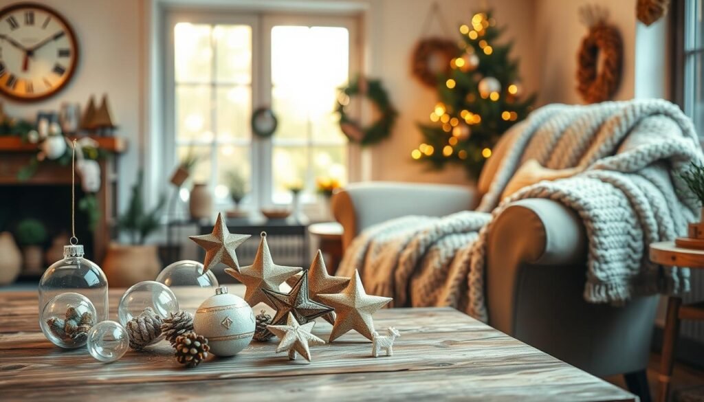 A cozy and inviting scene of handmade home decor. In the foreground, a collection of artisanal Christmas ornaments - delicate glass baubles, wooden stars, and handwoven wreaths - arranged on a rustic wooden table. The middle ground features a plush, textured throw blanket draped over a plush armchair, inviting the viewer to curl up and admire the decor. In the background, a large window floods the room with warm, natural light, casting a soft, golden glow over the scene. The overall atmosphere is one of coziness, craftsmanship, and a touch of holiday cheer, perfectly capturing the essence of DIY home decor.