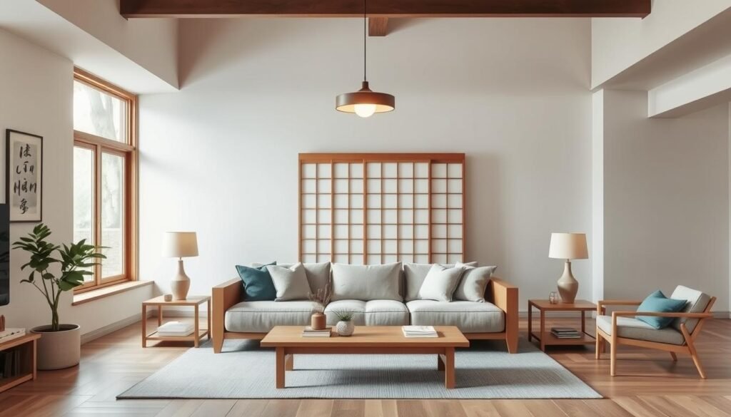 A cozy and serene Japandi-inspired living room with minimalist Japanese aesthetics and Scandinavian design elements. A central low-profile sofa in natural wood and neutral upholstery, flanked by sleek end tables. Overhead, a pendant light casts a warm, diffused glow. The space is accentuated by a neutral color palette, with touches of earthy greens and blues in soft furnishings. Large windows provide ample natural light, while a Japanese-style shoji screen subtly divides the room. The overall atmosphere is one of refined elegance and harmonious balance.