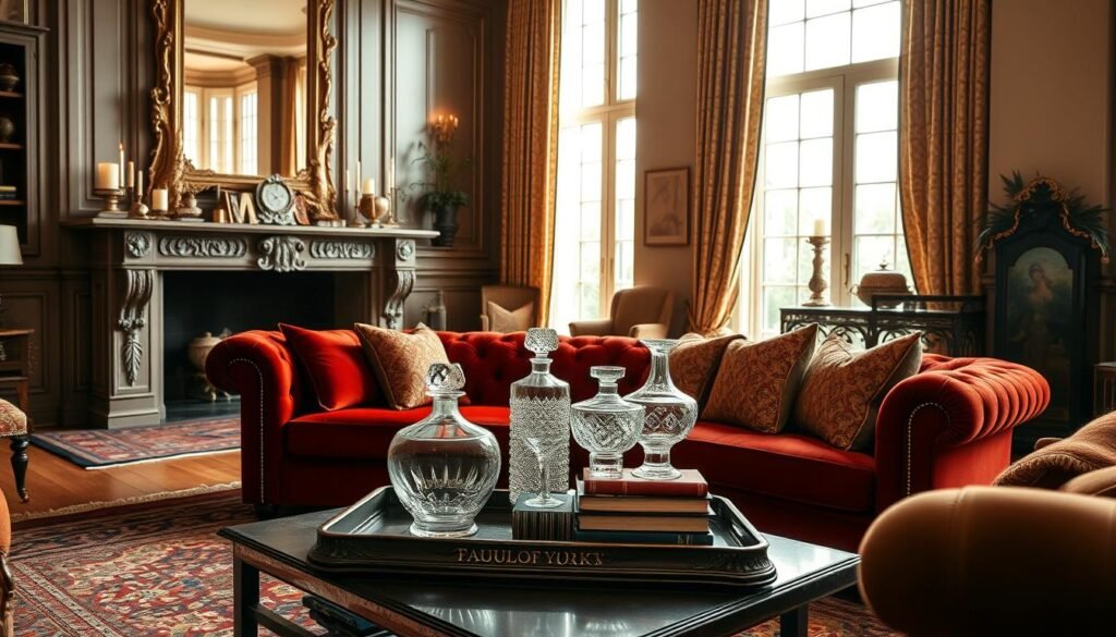 A cozy and sophisticated living room filled with luxurious accessories. In the foreground, a plush velvet sofa in a rich, jewel-toned color sits atop a beautiful Persian rug. On the coffee table, a tray holds crystal decanters and glasses, as well as a stack of artfully arranged hardcover books. The middle ground features a grand fireplace with an ornate mantelpiece, adorned with candles and decorative vases. The background showcases tall windows that flood the room with warm, natural light, casting a gentle glow on the space. Elegant curtains in a shimmering fabric frame the windows. The overall atmosphere exudes a sense of refined elegance and timeless luxury.