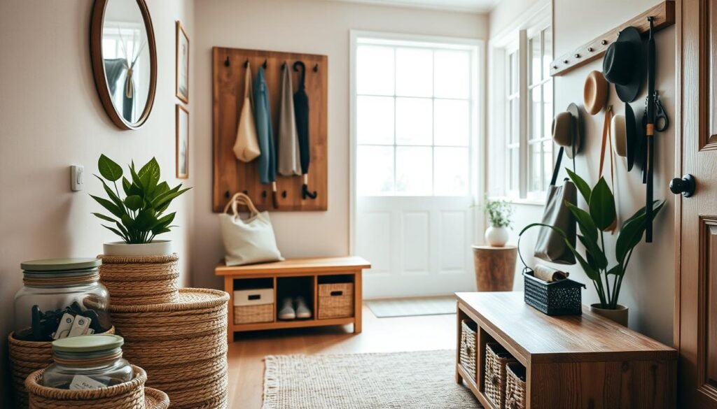 A cozy and sustainable entryway showcasing eco-friendly organization solutions. In the foreground, natural woven baskets and jute-wrapped glass containers neatly hold keys, mail, and other essentials. Midground features a solid wood bench with hidden storage compartments, topped with a lush potted plant. The background highlights a sleek, minimalist pegboard system made of reclaimed wood, displaying reusable tote bags, umbrellas, and hats. Warm, diffused lighting creates a welcoming ambiance, while large windows flood the space with natural daylight. Earthy tones, natural textures, and clean lines evoke a serene, environmentally-conscious aesthetic.