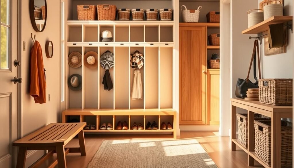 A cozy and well-organized entryway with a wooden bench, cubby storage units, and decorative baskets. The space is bathed in warm, natural lighting, creating a welcoming atmosphere. In the foreground, a sleek, modern bench provides a place to sit and remove shoes, while the middle ground features a series of cubby-style storage units with neatly arranged hats, scarves, and other small items. The background showcases a mix of decorative baskets and shelves, offering ample storage solutions for a small entryway. The overall composition emphasizes efficiency, minimalism, and a harmonious blend of form and function.