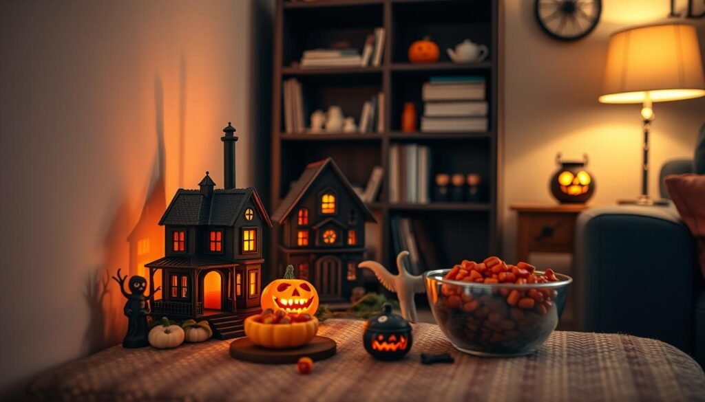 A cozy apartment corner with assorted small-scale Halloween decor, including a miniature haunted house, a glowing jack-o'-lantern, and a bowl of candy. The scene is illuminated by soft, warm lighting, creating a welcoming and whimsical atmosphere. In the background, a bookshelf or shelving unit provides a subtle backdrop, with small knickknacks and trinkets adding to the festive vibe. The overall composition is visually balanced, with the Halloween elements seamlessly integrated into the domestic setting, showcasing clever and creative ideas for decorating smaller living spaces.