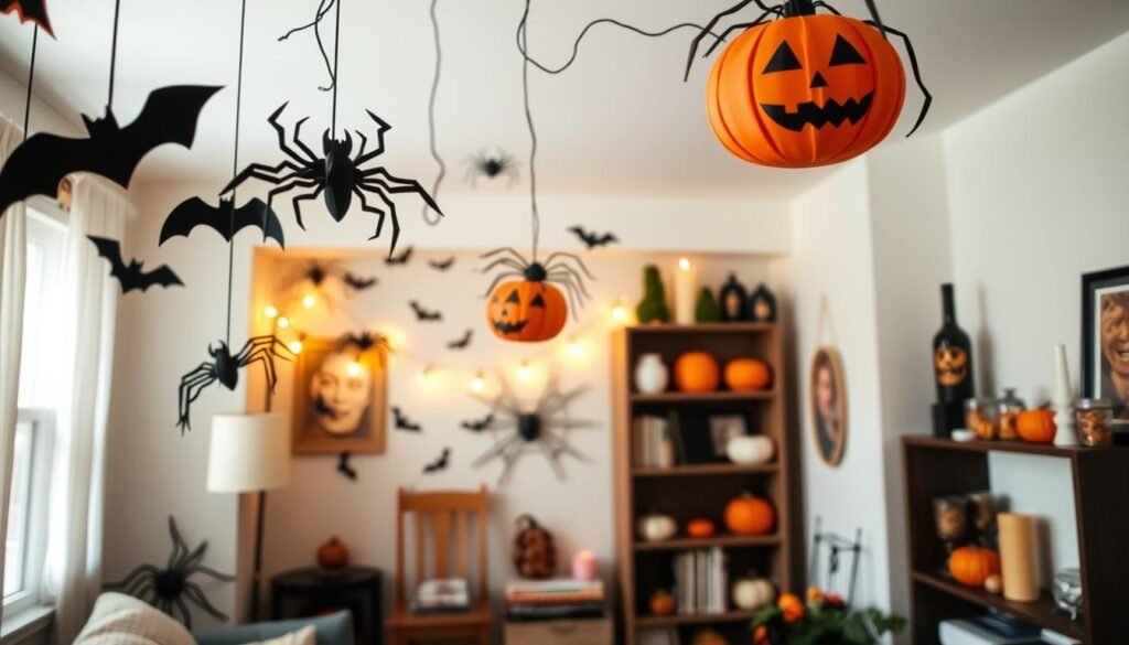 A cozy apartment decorated for a budget-friendly Halloween. The foreground features a variety of homemade paper crafts - bats, spiders, and jack-o'-lanterns hanging from the ceiling. The middle ground showcases strategic use of string lights, casting a warm, eerie glow throughout the room. In the background, a bookshelf displays an assortment of pumpkins, candles, and other thrifted, repurposed decor items. Lighting is natural, with some soft shadows to create depth and atmosphere. The camera angle is slightly elevated, capturing the full breadth of the festive yet affordable display.