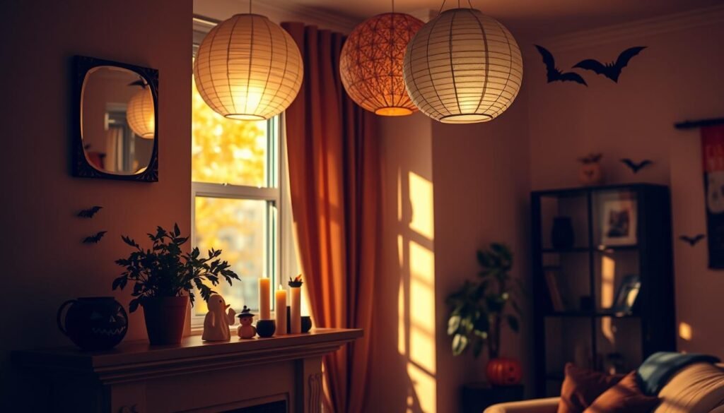 A cozy apartment living room bathed in warm autumn light, featuring a variety of carefully curated Halloween decorations that prioritize safety and space-saving. On the mantelpiece, a collection of flickering LED candles and a small, whimsical ghost figurine. Hanging from the ceiling, a cluster of paper lanterns in spooky shapes cast playful shadows on the walls. In the corner, a potted plant adorned with delicate paper bats. The scene conveys a sense of festive cheer without overwhelming the limited square footage, perfect for the urban dweller seeking to celebrate the holiday in a responsible, apartment-friendly manner.