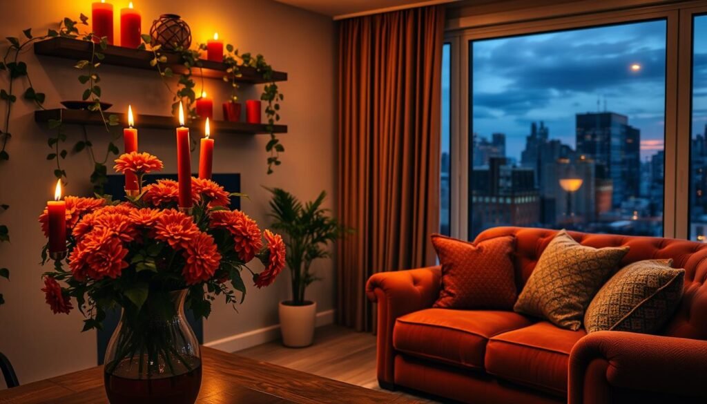A cozy apartment living room bathed in warm, autumnal lighting. In the foreground, an elegant vase overflows with vibrant orange marigolds and crimson red candles flicker gently. Trailing vines of deep green ivy cascade from floating shelves, creating a lush, organic ambiance. The middle ground features a plush, tufted armchair in a rich, jewel-toned hue, complemented by textured throw pillows in complementary shades. In the background, a large picture window overlooks a cityscape at dusk, the skyline painted in deep blues and purples. Soft, golden light filters in, creating a moody, atmospheric scene perfect for setting an inviting, Halloween-inspired mood.