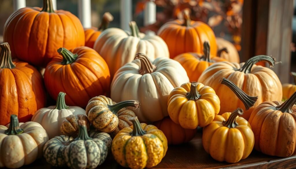 A cozy autumn scene with an assortment of pumpkins and gourds in the foreground, arranged on a wooden surface. The pumpkins range in color from deep orange to pale cream, with some displaying unique hues and textures. Clusters of plump, irregularly shaped gourds in shades of green, yellow, and brown complement the pumpkins. Soft, warm lighting illuminates the display, casting gentle shadows and creating a welcoming, inviting atmosphere. The background is blurred, suggesting an outdoor setting with a hint of fall foliage. The overall composition evokes a sense of seasonal comfort and the charm of the autumn harvest.
