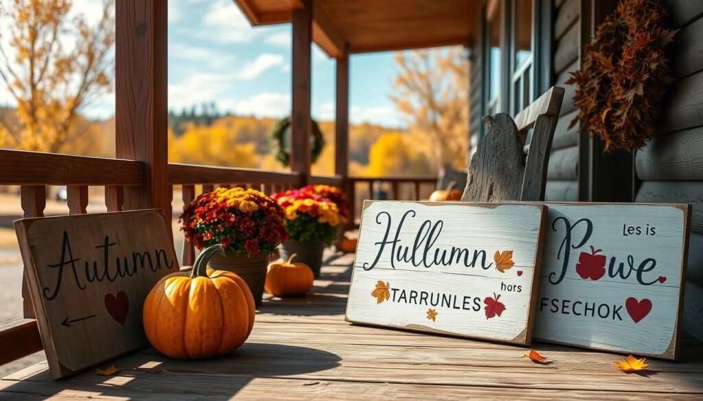 A cozy autumn scene with personalized wooden signs adorning a rustic porch. In the foreground, weathered signs with hand-painted autumn-inspired designs and heartfelt messages stand propped against a wooden bench. The middle ground features a plush pumpkin and potted mums, casting warm shadows on the porch floor. In the background, a vibrant fall landscape with golden leaves and a cloudless sky creates a serene, inviting atmosphere. Soft, diffused lighting casts a natural glow, enhancing the handcrafted, homespun aesthetic. Captured with a wide-angle lens to showcase the full outdoor vignette in crisp, hyperrealistic detail.